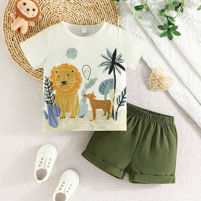 exclusive: summer boys' cute animal print + solid color shorts two-piece set - dropshipping available