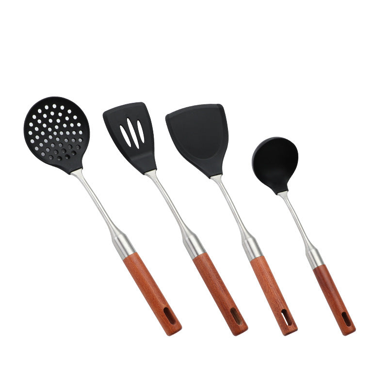 Daoqi 304 stainless steel silicone kitchenware high temperature food grade wooden handle spatula household kitchen fishing spoon
