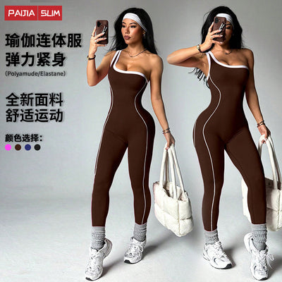 fashionnew arrival one-shoulder sling contrast color yoga clothes jumpsuit tight women's fitness sports jumpsuit