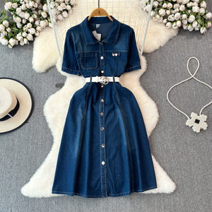 Petites short-sleeved denim dress women's summer 2024new arrivalelegantretroclassy waist slimming look long skirt