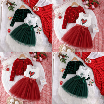 exclusive: girls' christmas outfit set - long-sleeve velvet jacket + tulle skirt with bow, princess dress