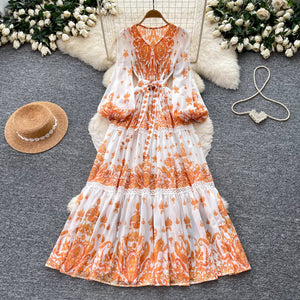 Vintage court style printed dress - women's fall v-neck, slimming, long maxi dress with full skirt - elegant and chic