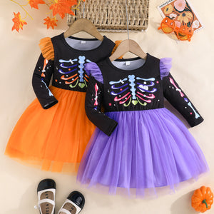 halloween girls' skull dress, girls' long-sleeve mesh princess dress, party performance costume