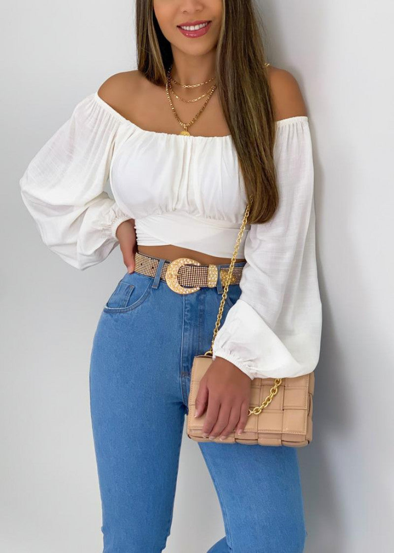 Spot European and American  tops women's solid color open-button lantern sleeves one-word collar sexy lace-up women's bubble sleeve shirt