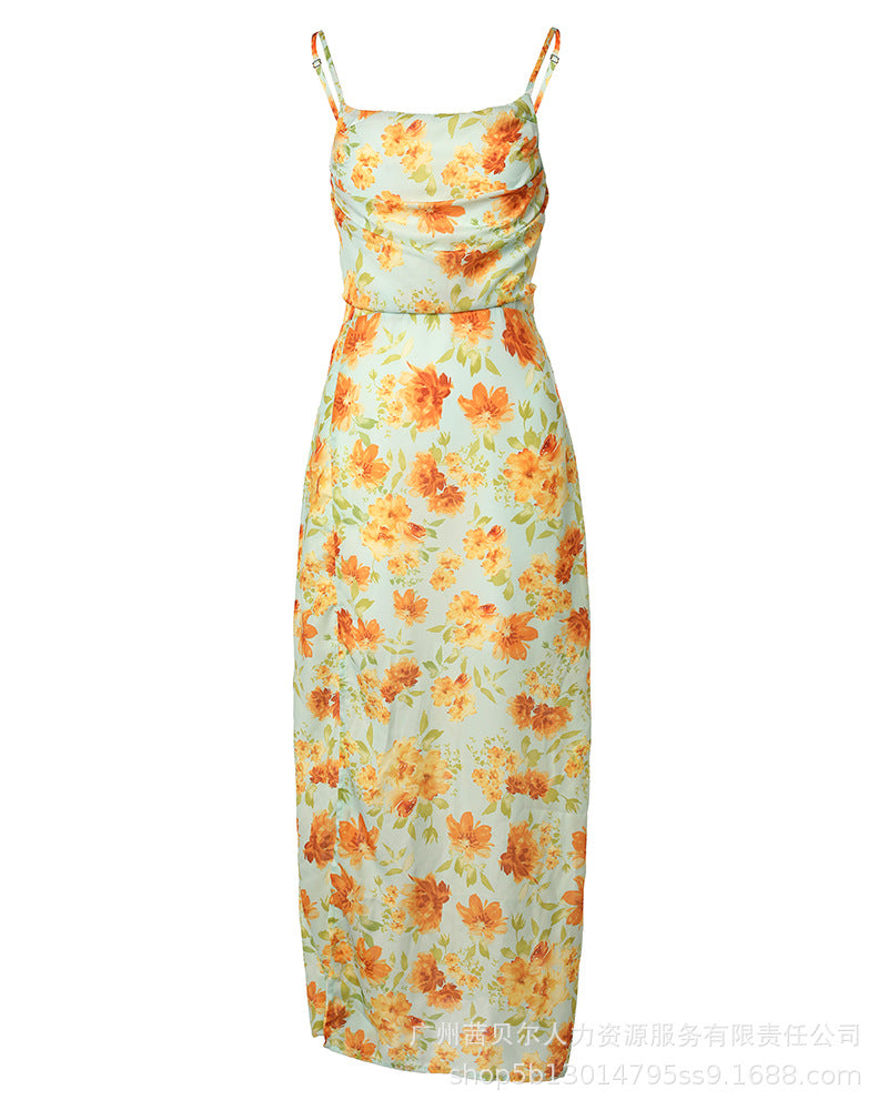 Spot Foreign Trade 2022 Women's Temperament Commuter -- List _ Suspender Folds Split Printed Dress