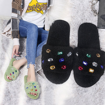 Exportplus size fur slippers 24 years fashion rhinestone women's slippers independent station fur slippers in stock wholesale