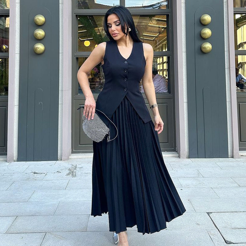 Spot European and American suits women's summer sleeveless vest split-ended solid color large pendulum pleated skirt women's two-piece set summer