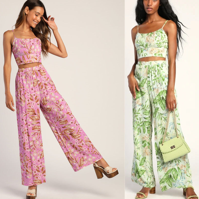 Spot European and American new  casual suit, sexy suspender vest, high waist printed wide-leg pants suit
