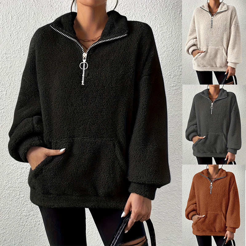 new product 2025 European and American  leisure autumn and winter Mao Mao zipper women's stand-up collar pocket sweater women's clothing