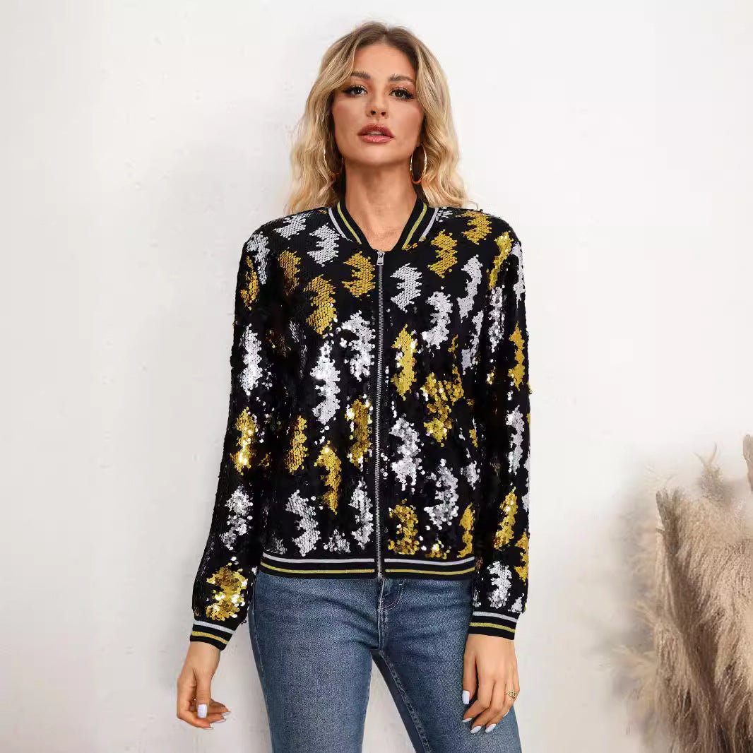 10393 Cross-border  autumn and winter women's clothing long-sleeved jacket slim temperament commuter sequined baseball jersey