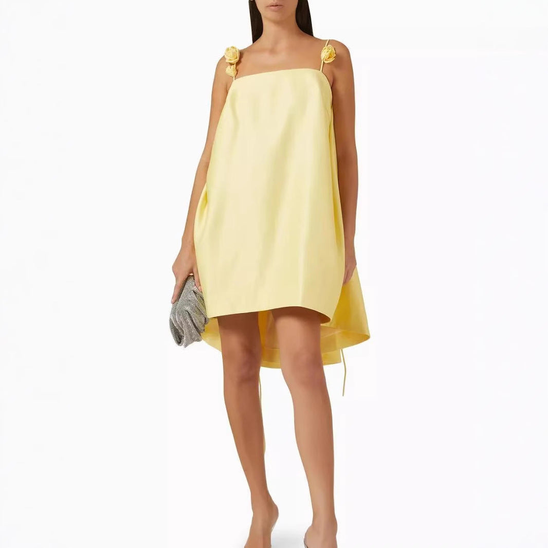 Spring and summer 2025 European and American  new sexy yellow backless three-dimensional flower suspender skirt short skirt