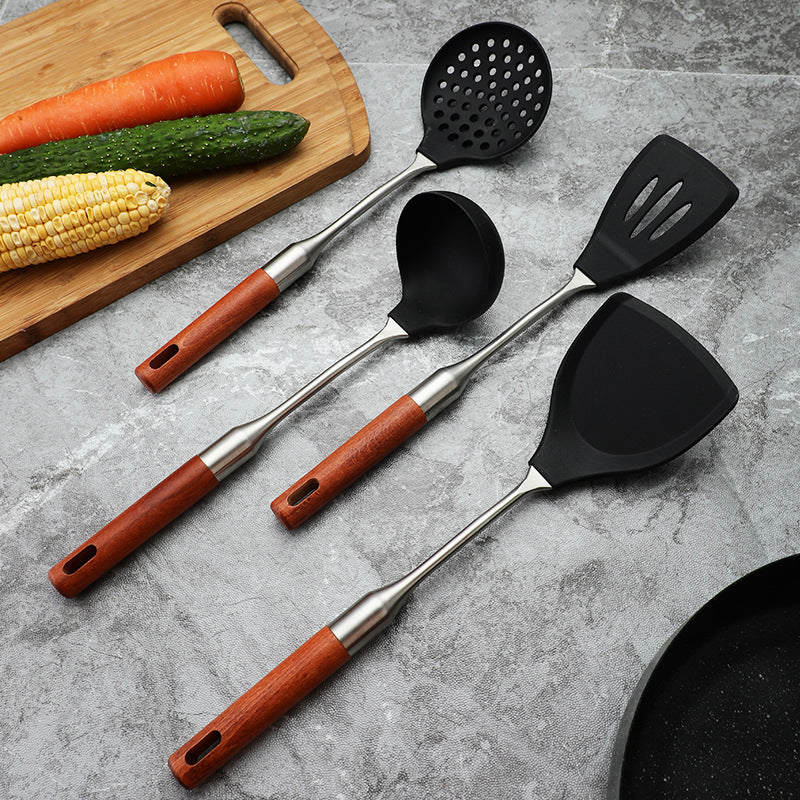 Daoqi 304 stainless steel silicone kitchenware high temperature food grade wooden handle spatula household kitchen fishing spoon