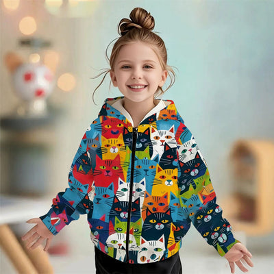 Kids' hoodie jacket, cross-border hot seller: cute cartoon print fashion zip-up hoodie for girls, dropshipping available