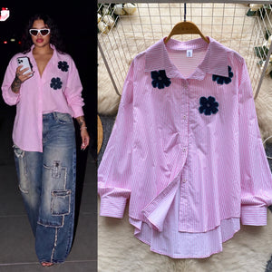 Korean style striped floral embroidered shirt - women's long sleeve loose fit cardigan - age-defying, versatile, and commuter-friendly top - autumn collection