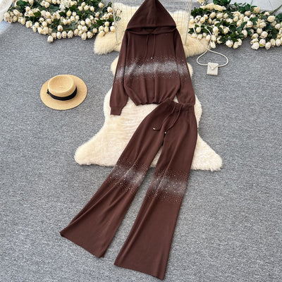 Relaxed and effortless style: women's fall/winter sweater set - premium hotfix rhinestone detail, oversized hooded knit top & casual wide-leg pants