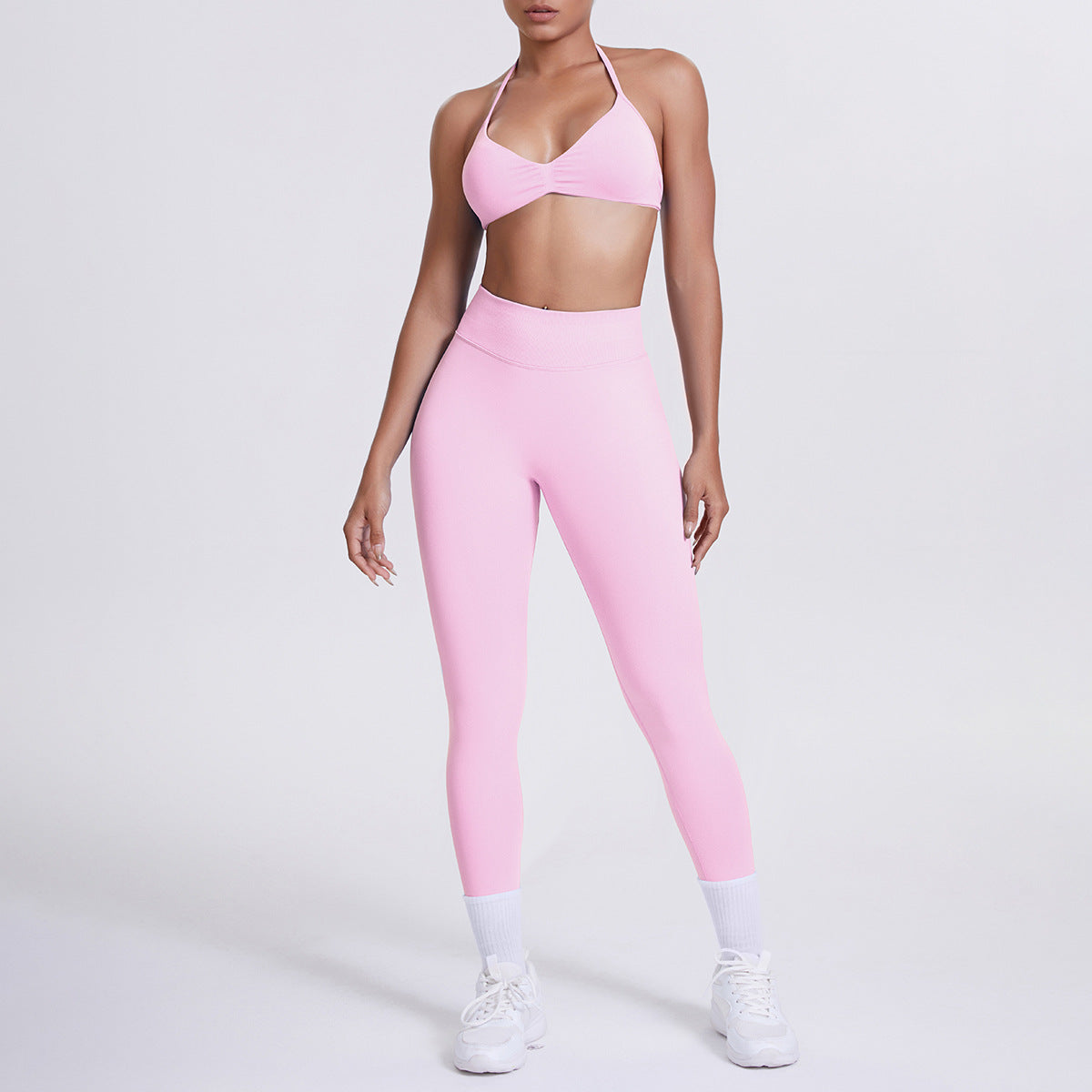 Spot solid color yoga clothes high waist peach hip sports trousers suspenders beautiful back neck bra fitness yoga set