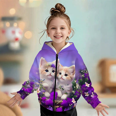 Kids' hoodie jacket, cute cartoon print girls' fashion zip-up, dropshipping available, adorable and sweet style