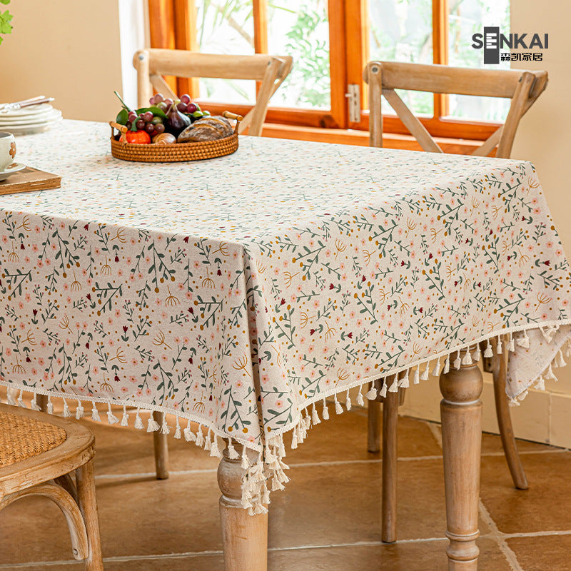 Small fresh tassel waterproof tablecloth imitation cotton and linen fabric printing coffee table cover towel dining table decoration square tablecloth free shipping