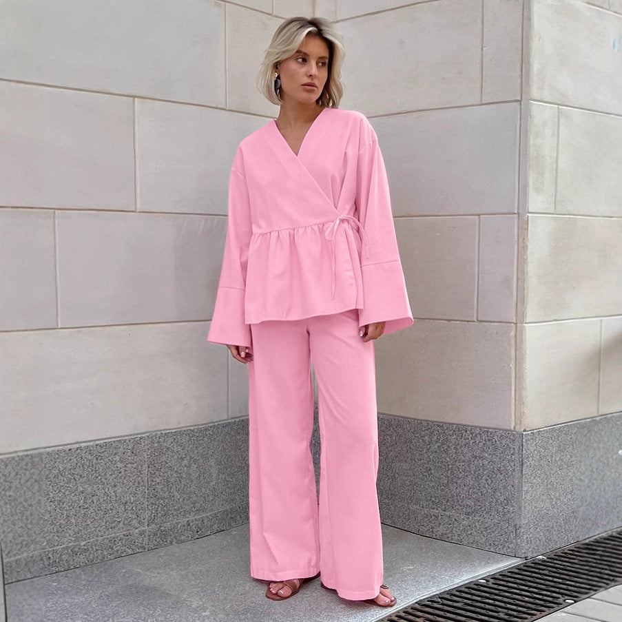 European and American elegant pure cotton v-neck lace-up cardigan top trousers two-piece set women's autumn loose fashion suit women's clothing