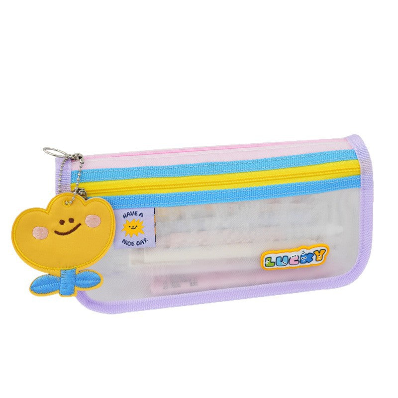 New cute fun contrasting color transparent stationery bag large capacity pencil bag high value simple primary and secondary school student stationery mesh bag