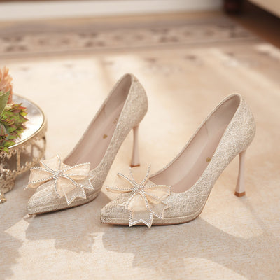 Champagne pointed toe high heels women's wedding shoes xiuhe wedding dress two-wear bridesmaid shoes rhinestone bows waterproof platform pueraria lobata