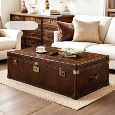 American retro oil wax genuine leather coffee table, villa living room high-end storage box, vintage style storage coffee table, cigar bar
