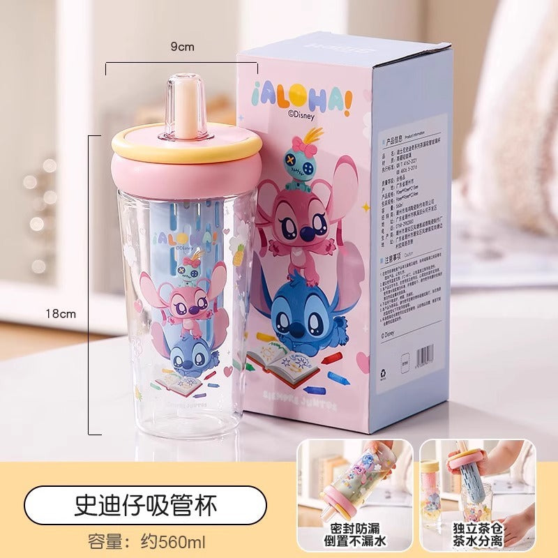 Stitch Glass Girls Large Capacity Cold Drink Fruit Teacup Stitch Drinking Tea Cup Independent Tea Warehouse with Straw