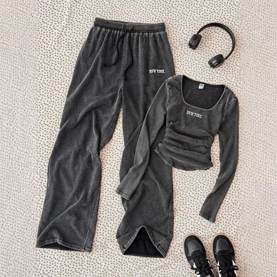 American retro english embroidered distressed square neck ruched long sleeve top + drawstring wide leg sweatpants two-piece set