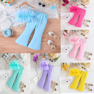 summer solid color rose print cami top & mesh + flare pant fashion set - european & american hot seller