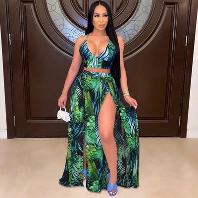 Amazon hot selling summer women's fashion sexy camisole printed swing skirt two-piece beach dress set