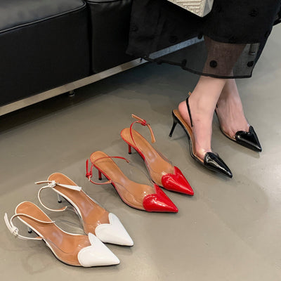 Pointed-toe stiletto sandals for women, 2026 heart-patterned patent leather, transparent open-back, single-strap buckle high heels, wholesale summer quick return