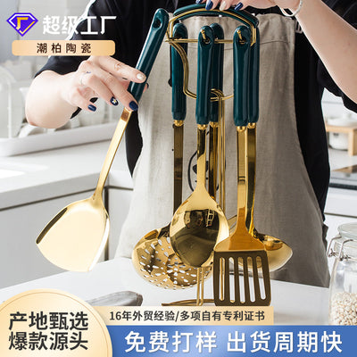 Custom nis cookware set - emerald stainless steel cooking spoons, spatulas, ladles with custom ceramic handles for kitchen use