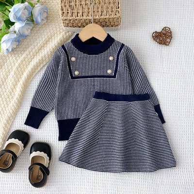 Autumn/winter new korean style girls' sweater set - little girl's simple plaid long-sleeve knit top and skirt two-piece outfit
