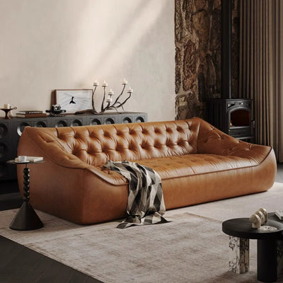 Oil wax genuine leather sofa small apartment living room straight row double slot three slot medieval style first layer cowhide sofa