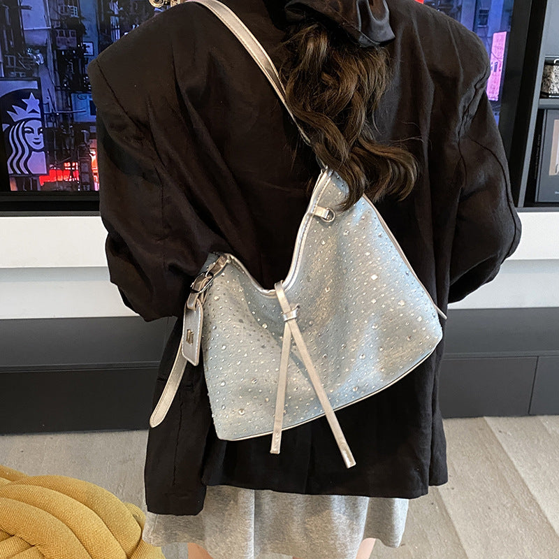 Cross-border explosion 2025 denim hot diamond simple and fashionable high-end texture foreign gas tote bag large-capacity student backpack