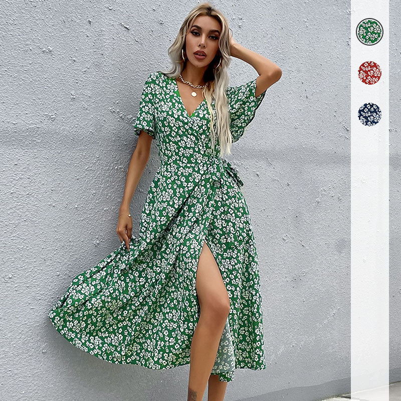Spring and summer    independent station new European and American women's clothing French pastoral slim-fit printed dress