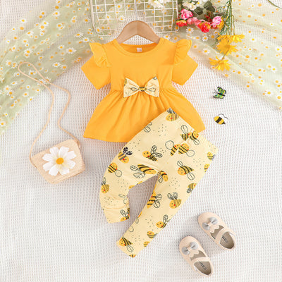 exclusive: baby girl fashion solid color print set - baby girl spring/summer short sleeve lace dress & pants set