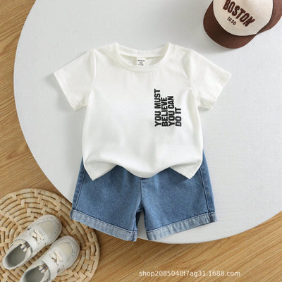 Kids' short-sleeve denim shorts two-piece set: boys' letter print crew neck t-shirt, relaxed fit casual activewear