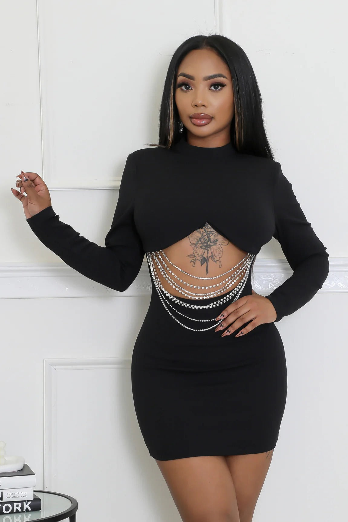 Spot 2024 Cross-border Europe, America,  Independent Station Unbreakable Diamond Chain Solid Color Long Sleeve Slim Hip Wrap Dress