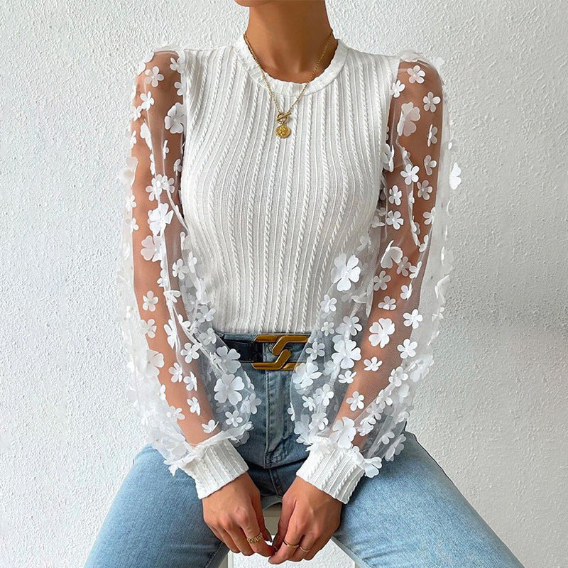 European and American  women's clothing, mesh floral chiffon shirt women's 2024 spring and summer round neck thin pullover long-sleeved top