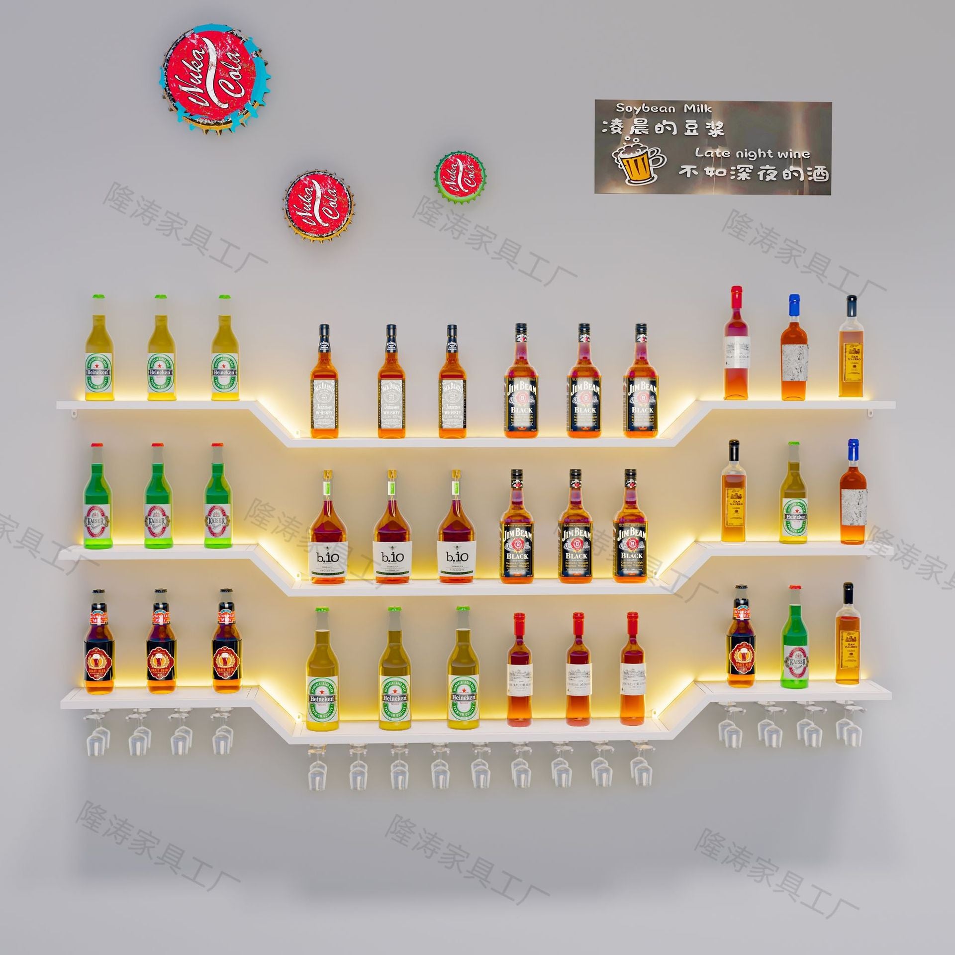 Bar red wine rack wall hanging wrought iron bar counter wall simple decoration creative luminous shelf restaurant wine cabinet against the wall