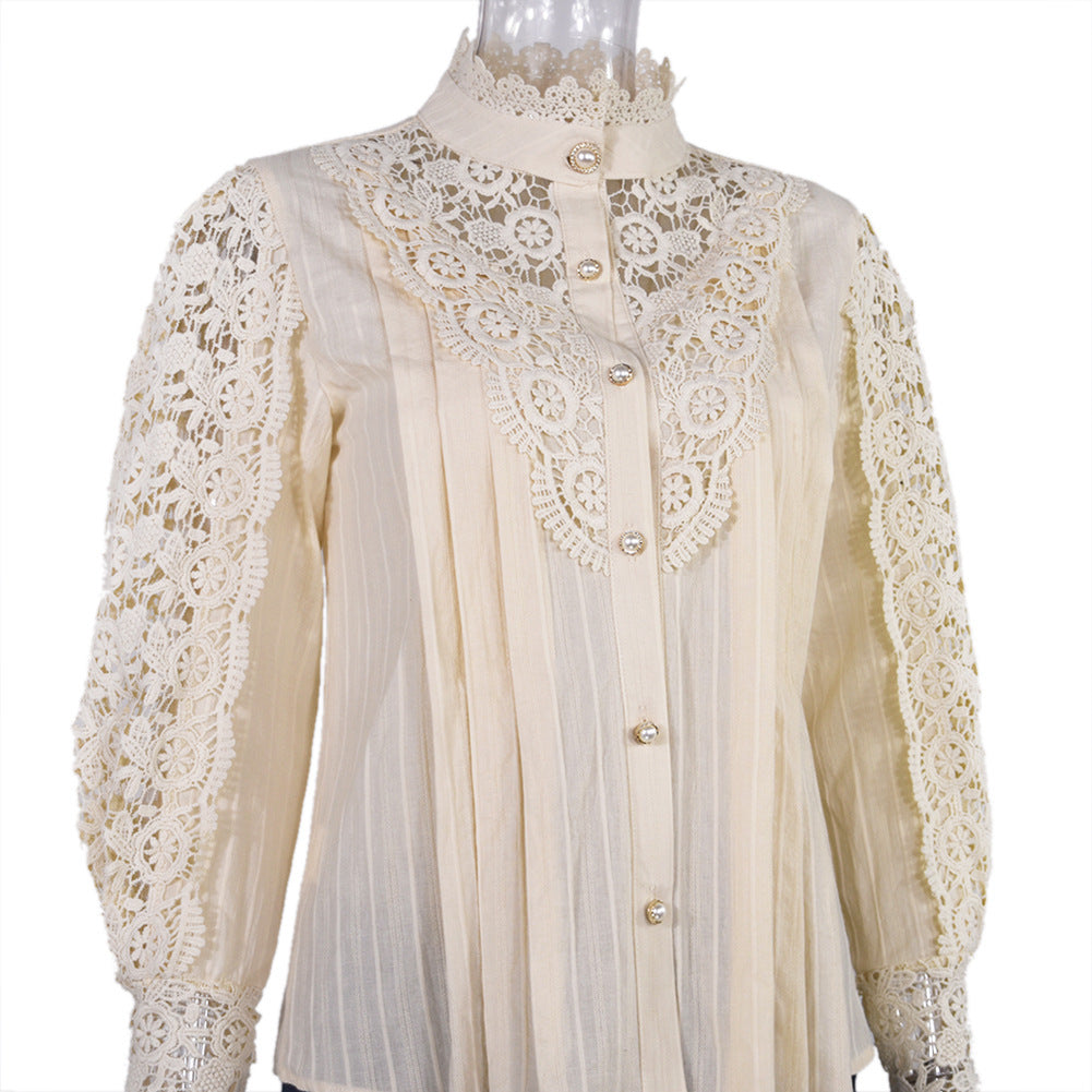 new women's lace French hollow lace long-sleeved stand-up collar cotton versatile women's shirt