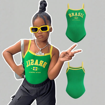 Girls' american streetwear style printed yellow-green color block romper tank top