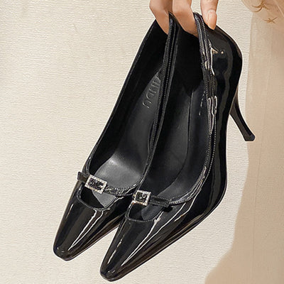 personalized black high heels pointed toe women's flats small fragrant style women's shoes summer stiletto patent leather square toe women's shoes