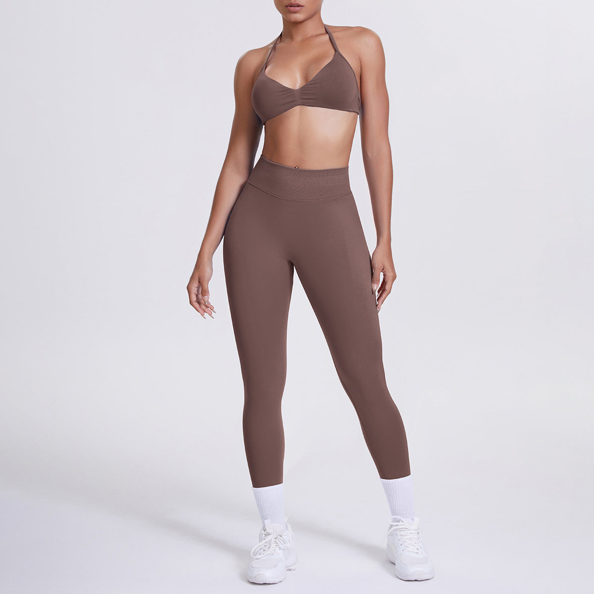 Spot solid color yoga clothes high waist peach hip sports trousers suspenders beautiful back neck bra fitness yoga set