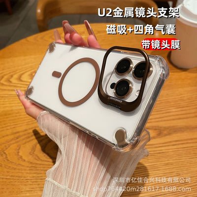Suitable for apple 17pro metal lens holder magnetic phone case iphone14 four-corner airbag transparent hard case