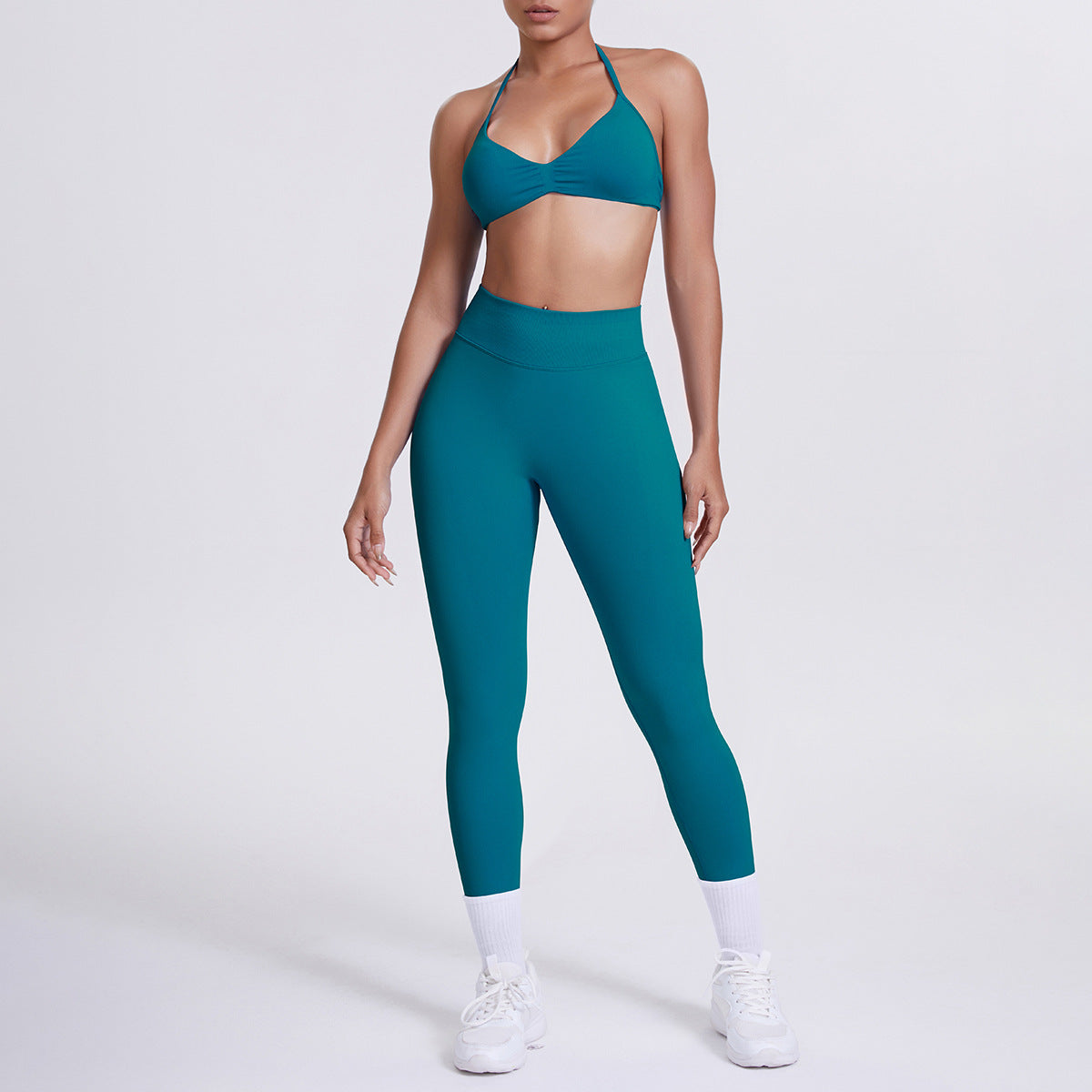 Spot solid color yoga clothes high waist peach hip sports trousers suspenders beautiful back neck bra fitness yoga set