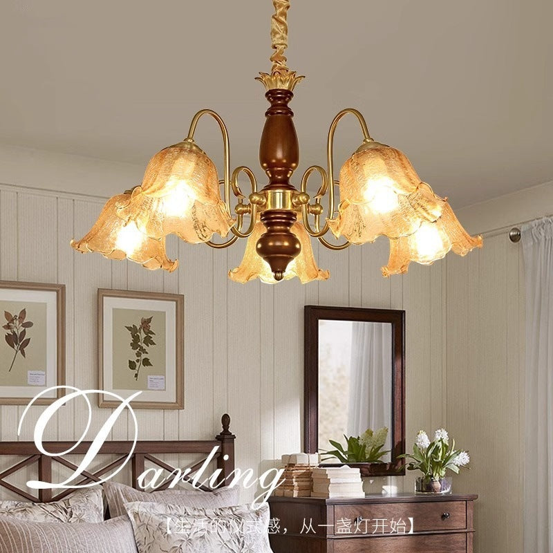 Medieval living room chandelier American retro dining room glass lighting light luxury walnut color master bedroom flower lighting