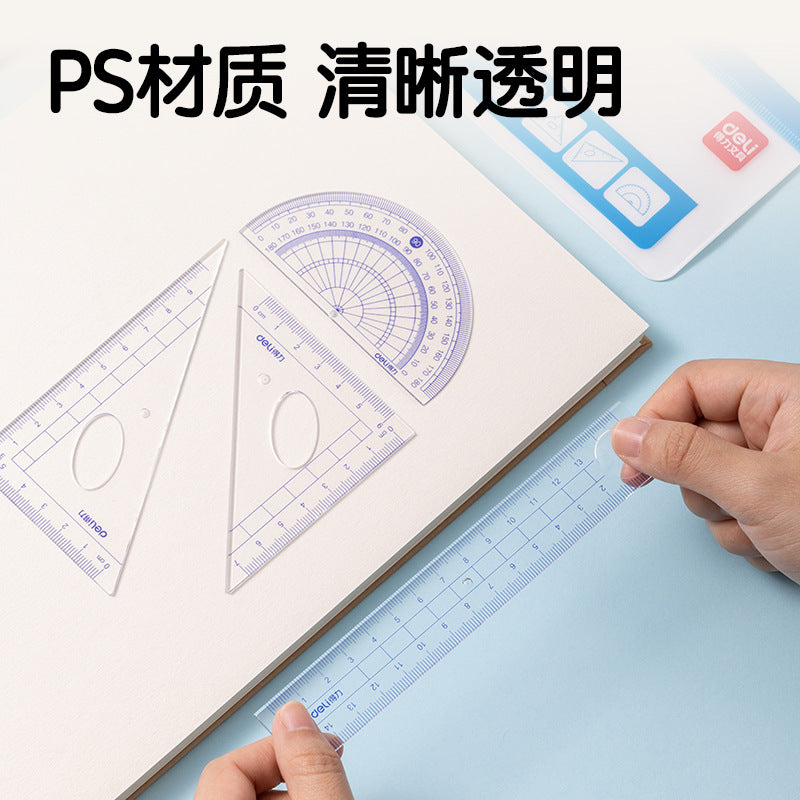 Deli 9597 Ruler Set Student Ruler Straight Ruler Triangle Ruler Protractor 15cm Transparent Blue Drawing Ruler