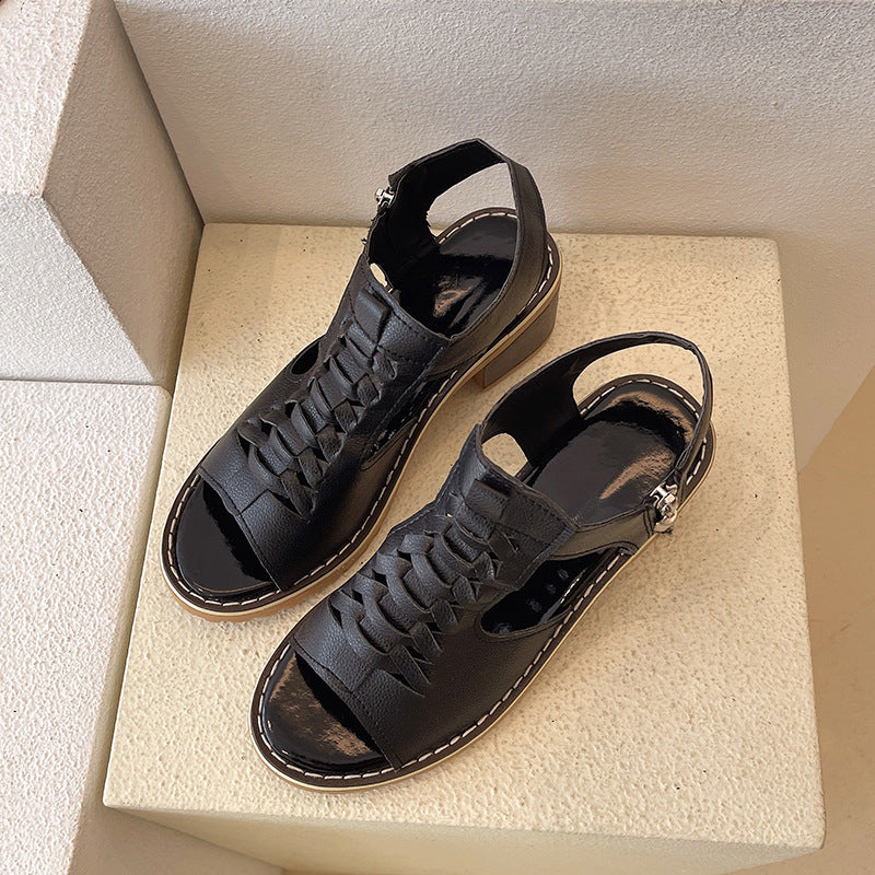 Foreign trade sandals women's 2022 summer fish mouth thick heel high heel hollow waterproof table zipper Roman women's shoes  delivery